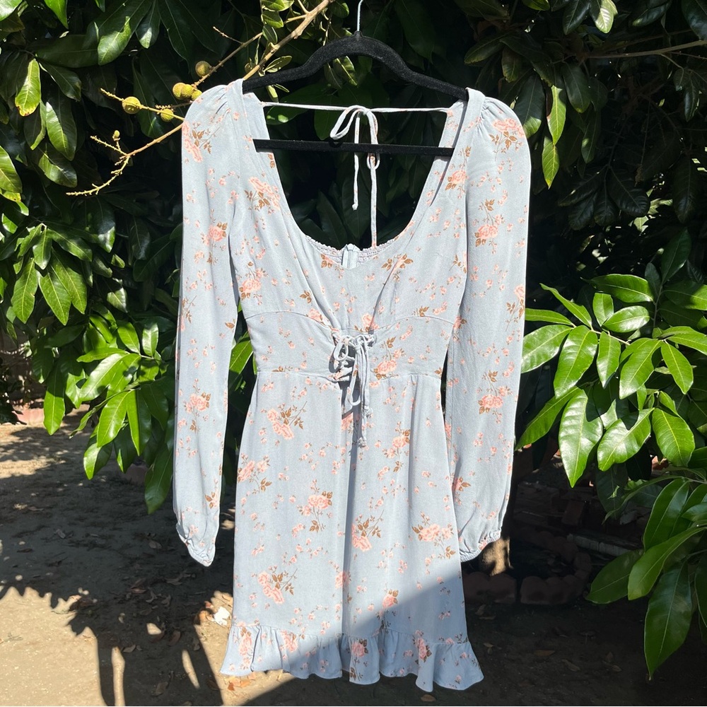REFORMATION dusty muted pale blue floral puff sleeve square neck mini dress